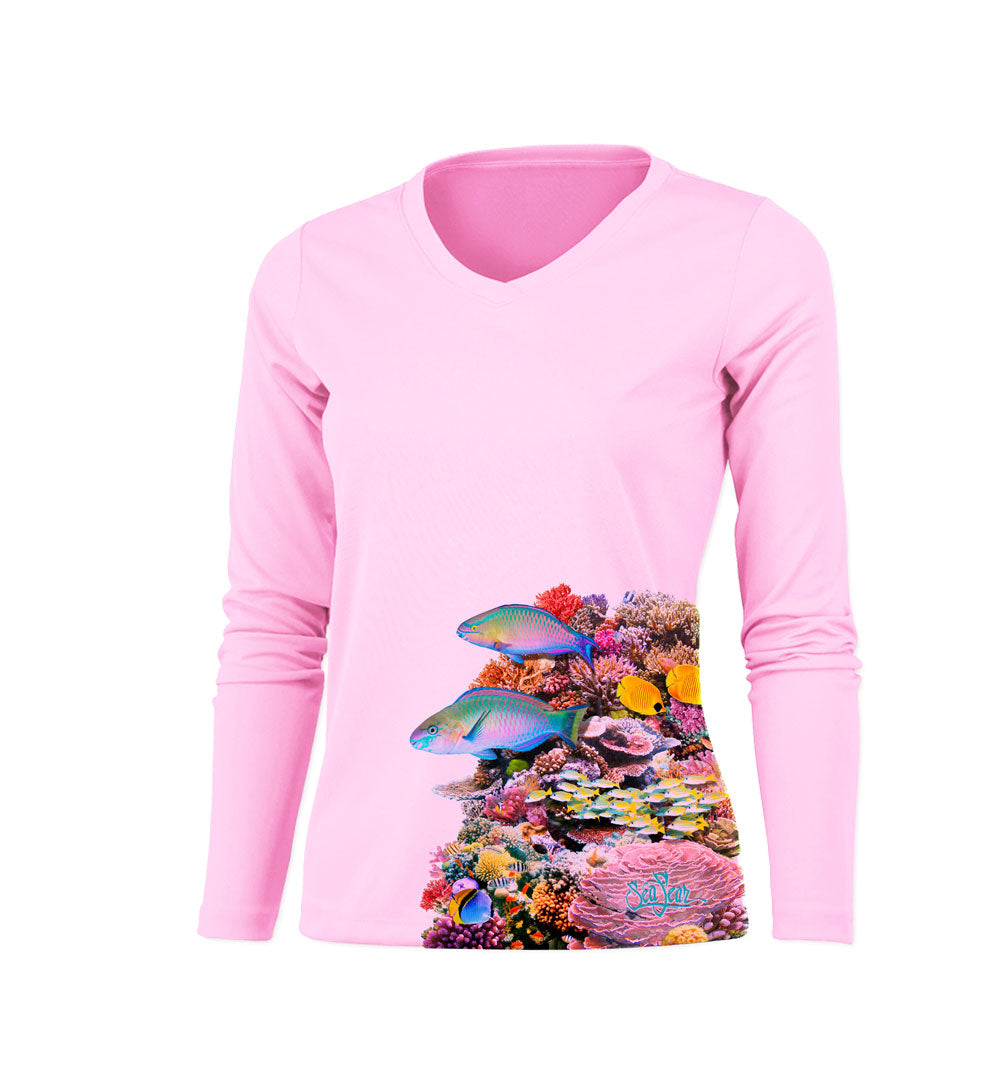 Coral Side Print Long Sleeve V-Neck Performance Tee