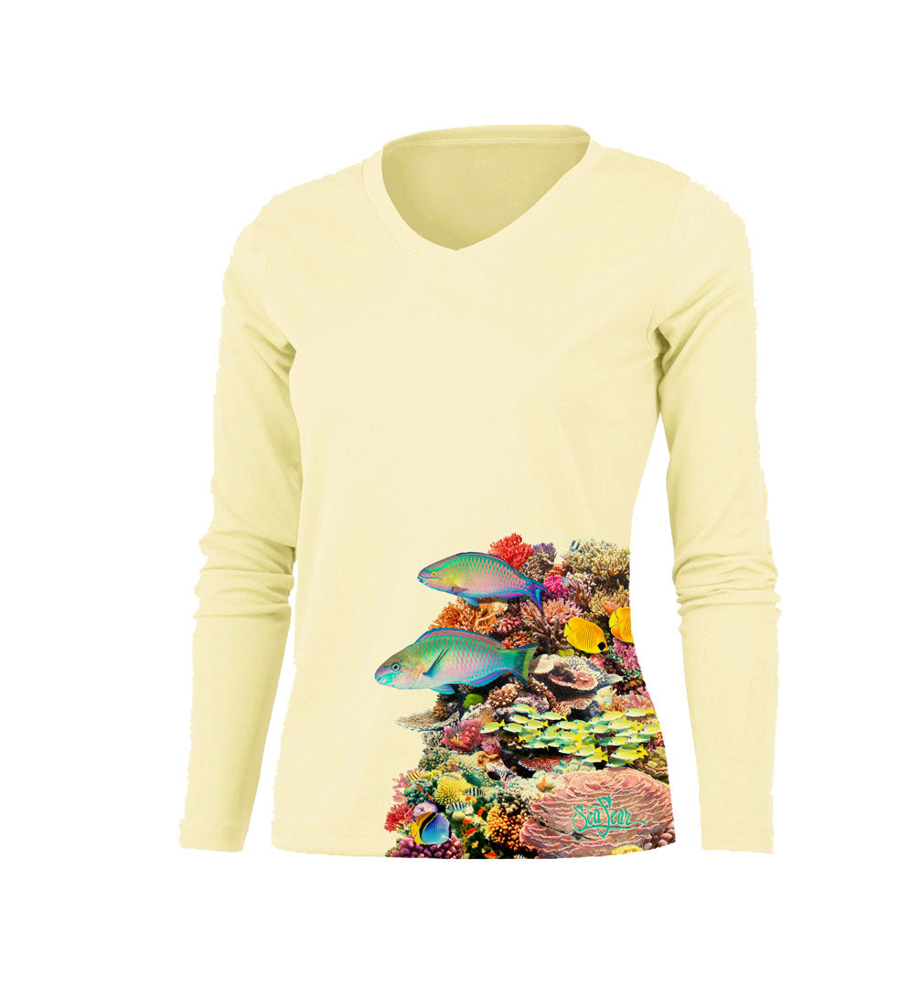 Coral Side Print Long Sleeve V-Neck Performance Tee