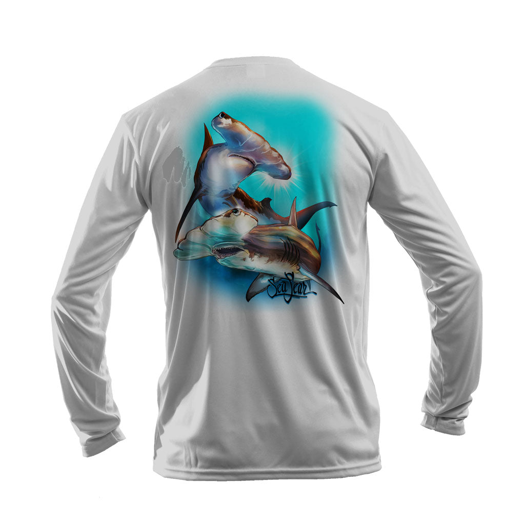 Dual Hammerheads Long Sleeve Performance Tee in Gray – back view – Sea Fear UPF 50+ apparel