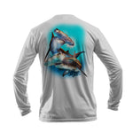 Dual Hammerheads Long Sleeve Performance Tee in Gray – back view – Sea Fear UPF 50+ apparel