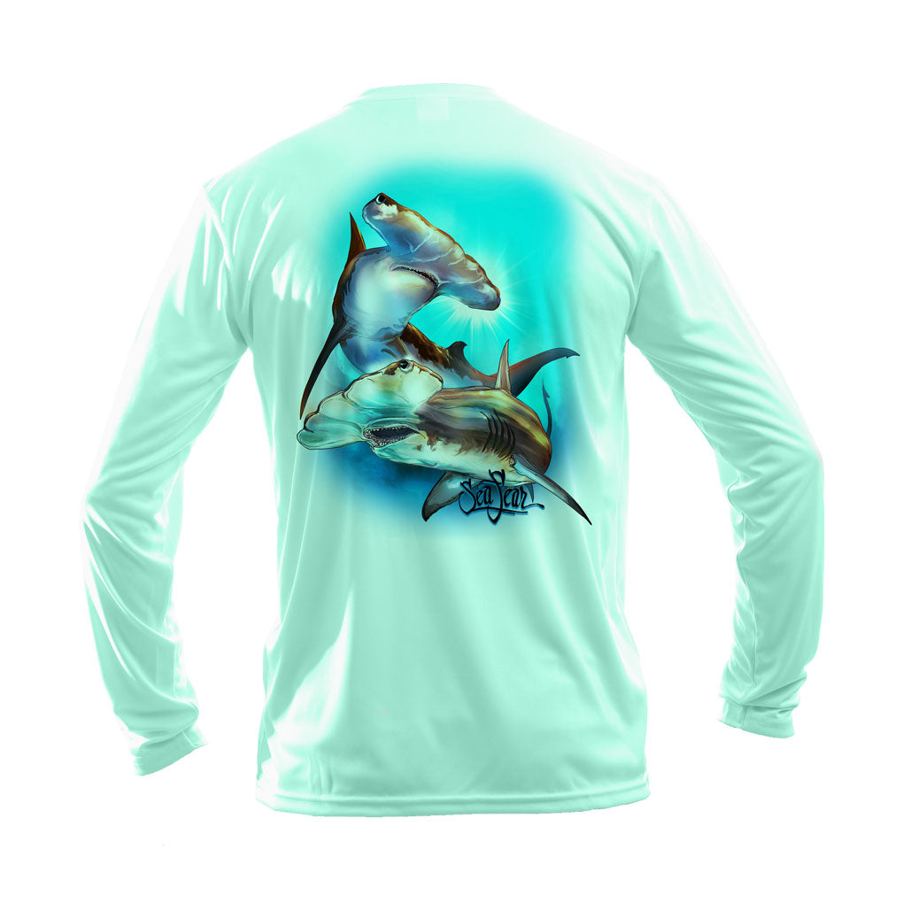 Dual Hammerheads Long Sleeve Performance Tee – back view – Sea Fear UPF 50+ apparel