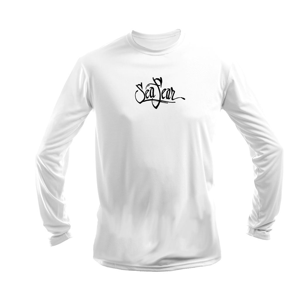 Dual Hammerheads Long Sleeve Performance Tee in White – front view – Sea Fear UPF 50+ apparel