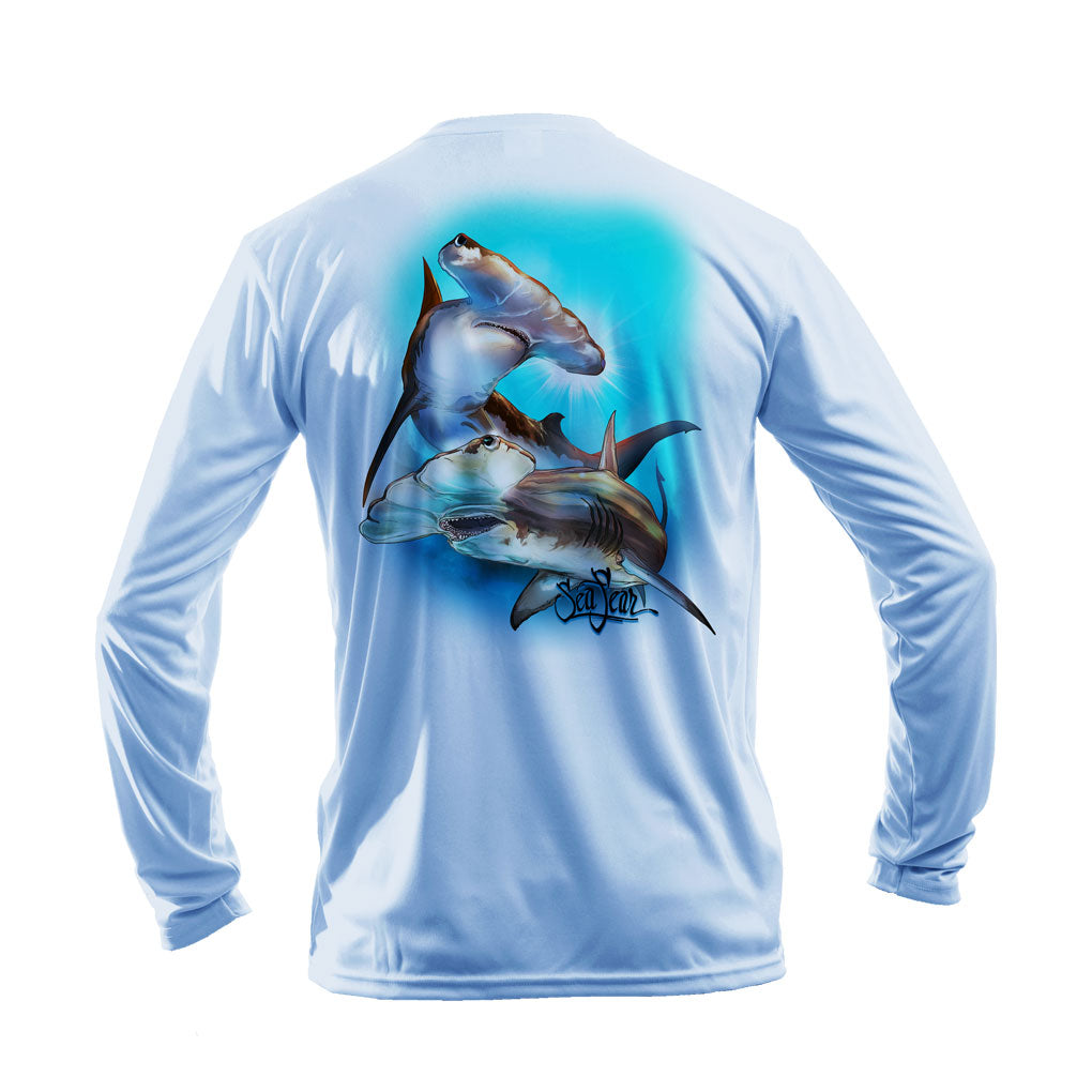 Dual Hammerheads Long Sleeve Performance Tee – back view – Sea Fear UPF 50+ apparel