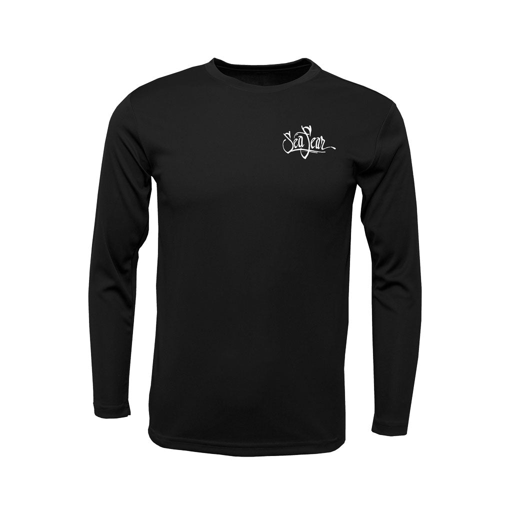 Red Octopus Long Sleeve Performance Tee in Black – print detail close-up – Sea Fear UPF 50+ apparel