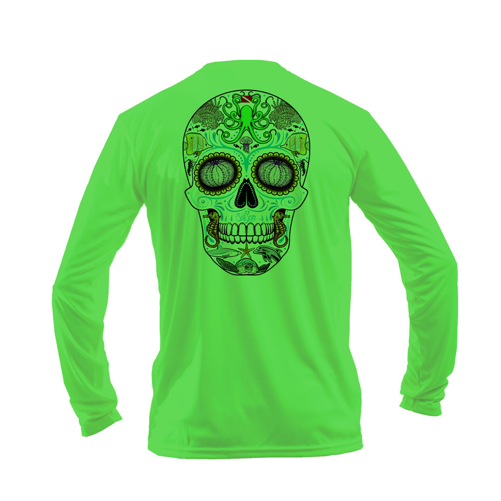 Sugar Skull Long Sleeve Performance Tee in Lime – Sea Fear UPF 50+ apparel