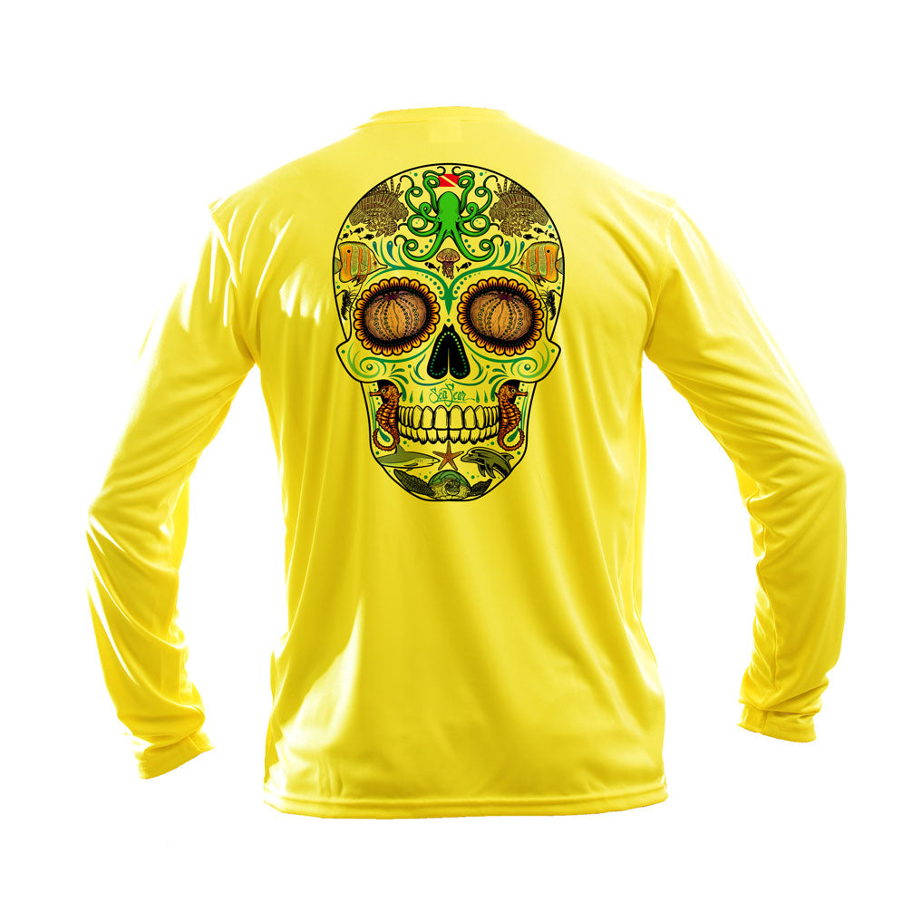 Sugar Skull Long Sleeve Performance Tee in Neon Yellow – Sea Fear UPF 50+ apparel