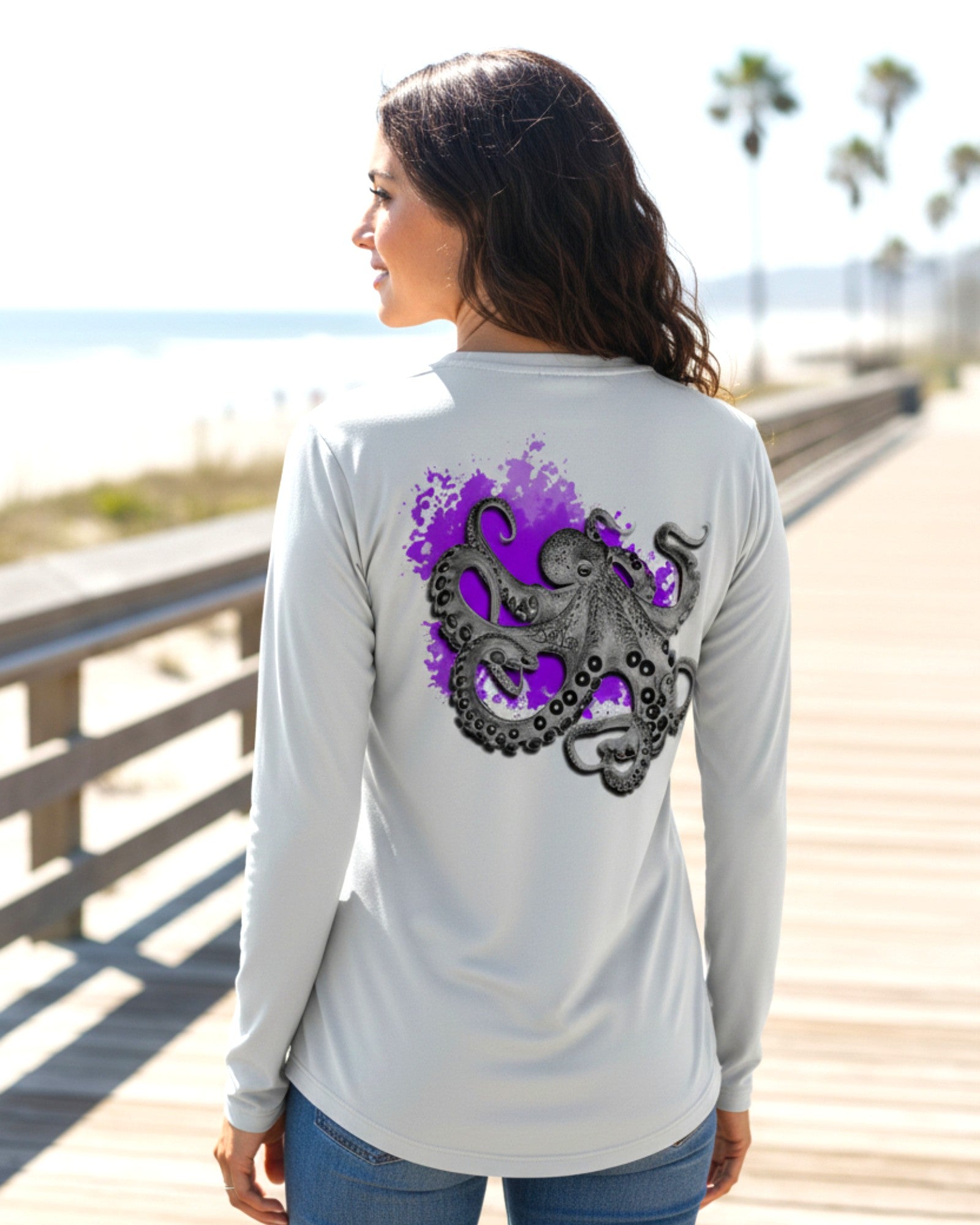 Inking Octopus Long Sleeve V-Neck Performance Tee in Gray – back view – Sea Fear UPF 50+ apparel