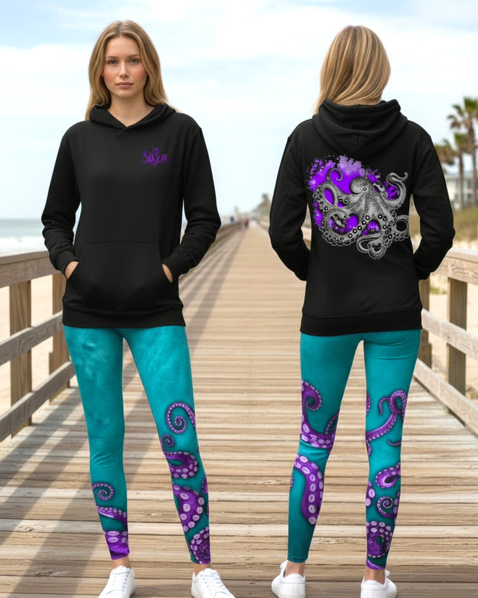 Inking Octo Long Sleeve Cotton Blend Hoodie Black