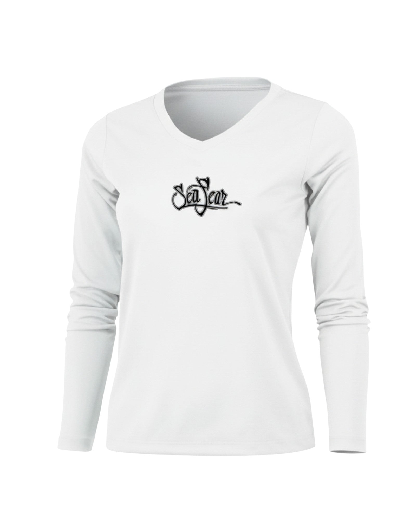 Inking Octopus Long Sleeve V-Neck Performance Tee in White – front view – Sea Fear UPF 50+ apparel