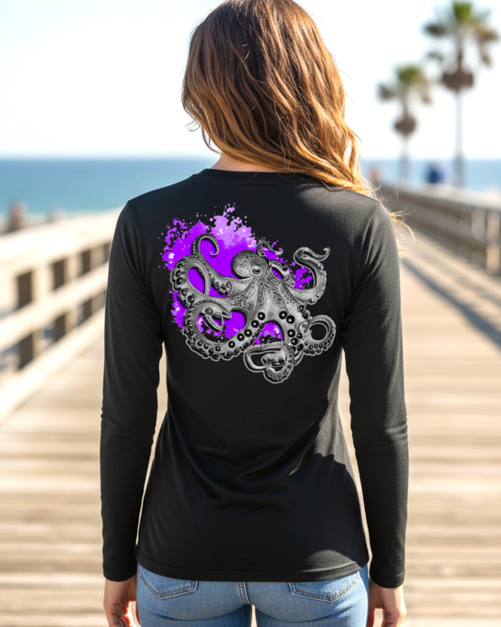 Inking Octopus Long Sleeve V-Neck Performance Tee in Black – back view – Sea Fear UPF 50+ apparel