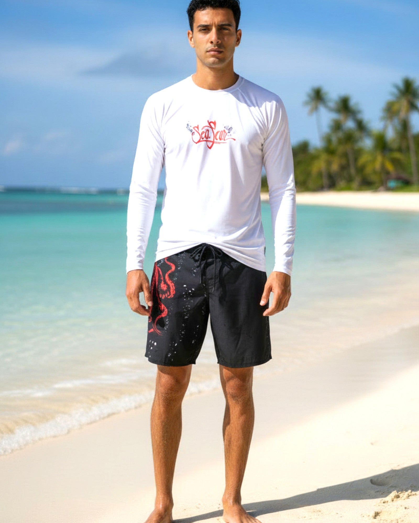 Red Octopus Long Sleeve Performance Tee – on model – Sea Fear UPF 50+ apparel