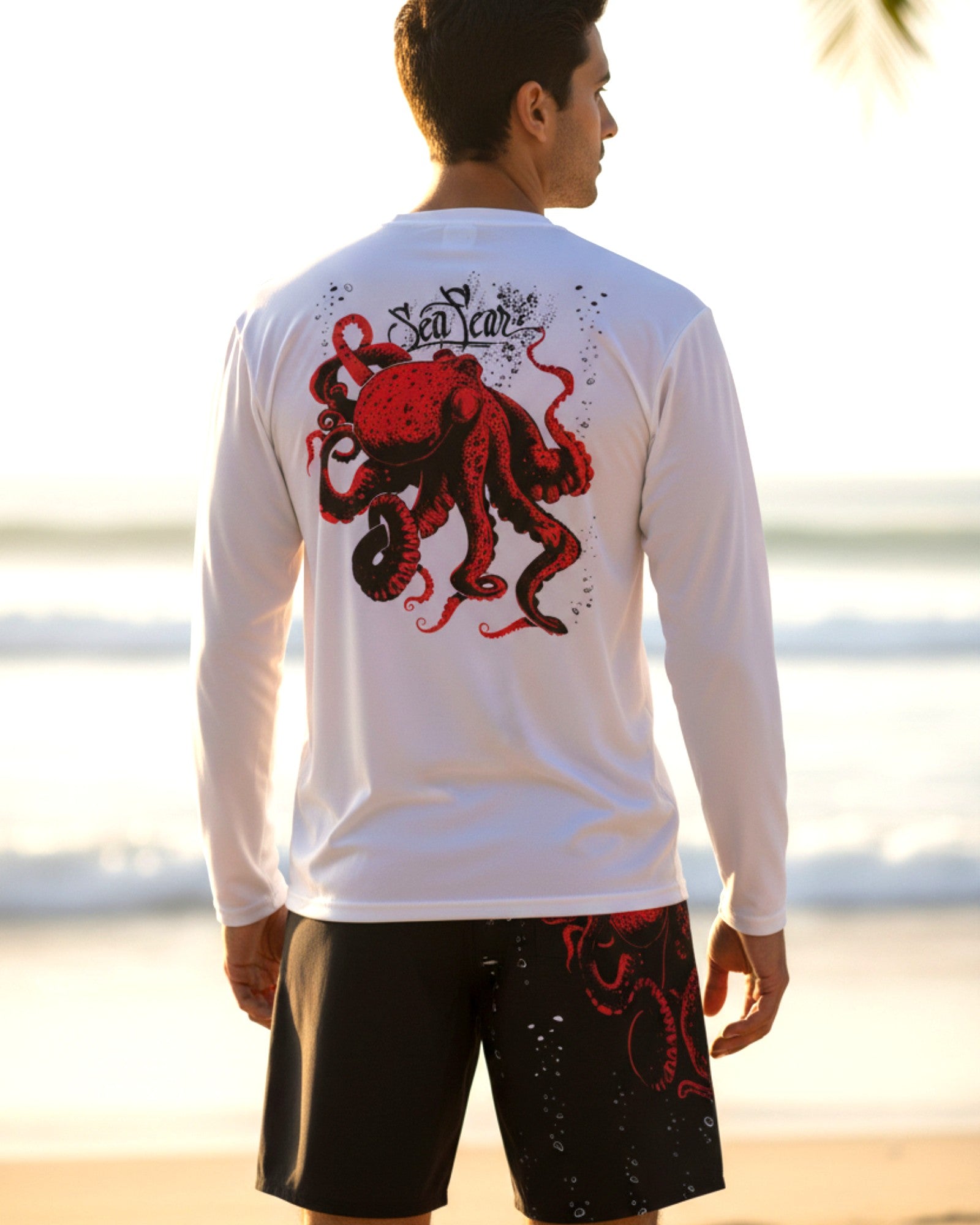 Red Octopus Long Sleeve Performance Tee – back view – Sea Fear UPF 50+ apparel