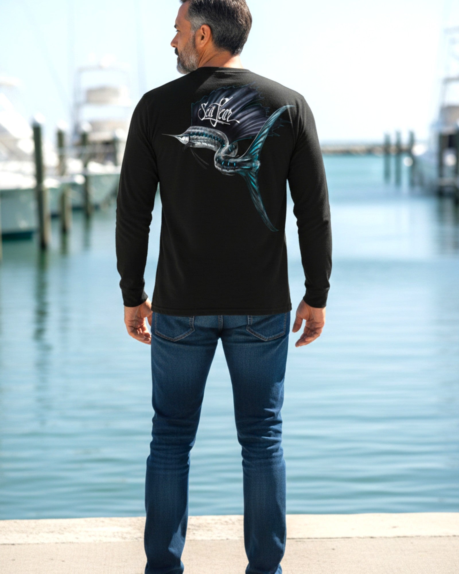Sailfish Aqua Long Sleeve Performance Tee in Black – back view – Sea Fear UPF 50+ apparel