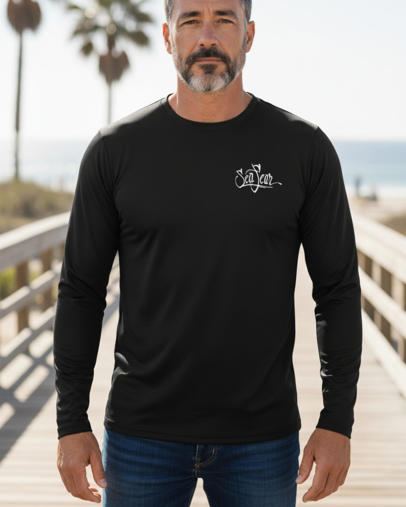 Sailfish Aqua Long Sleeve Performance Tee in Black – front view – Sea Fear UPF 50+ apparel