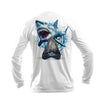 Sea Fear white long sleeve performance tee featuring a detailed Megalodon shark graphic on the back