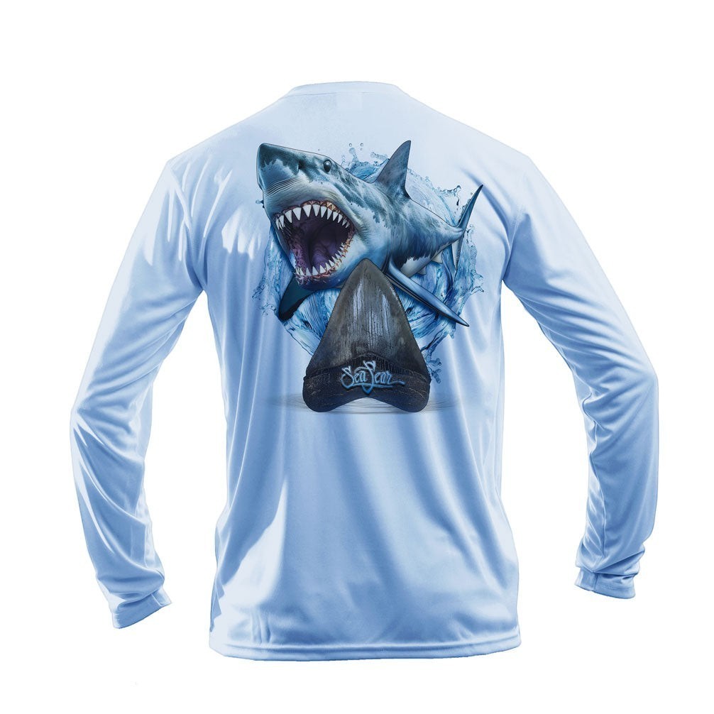 Sea Fear light blue long sleeve performance tee featuring a detailed Megalodon shark and tooth graphic on the back