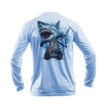 Sea Fear light blue long sleeve performance tee featuring a detailed Megalodon shark and tooth graphic on the back