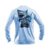 Sea Fear light blue long sleeve performance tee featuring a detailed Megalodon shark and tooth graphic on the back