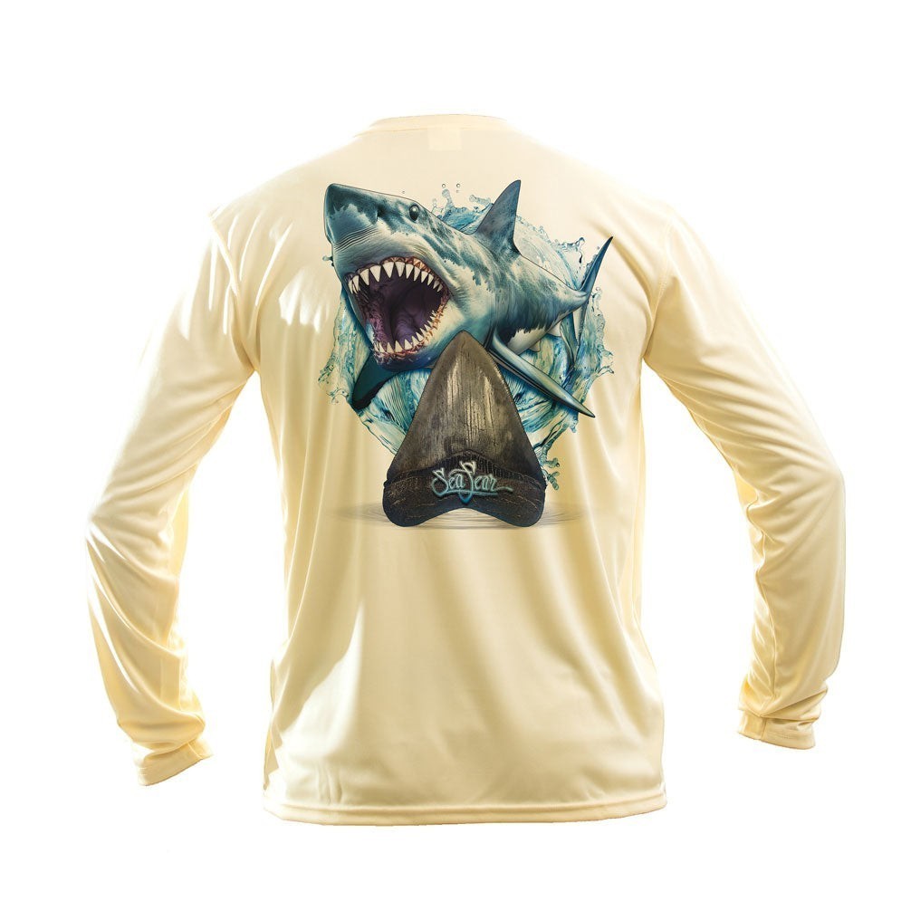 Sea Fear Megalodon long sleeve performance tee in light yellow with a detailed shark graphic on the back