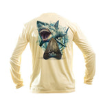 Sea Fear Megalodon long sleeve performance tee in light yellow with a detailed shark graphic on the back