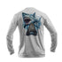 Sea Fear white long sleeve performance tee featuring a detailed Megalodon shark and fossilized tooth graphic on back