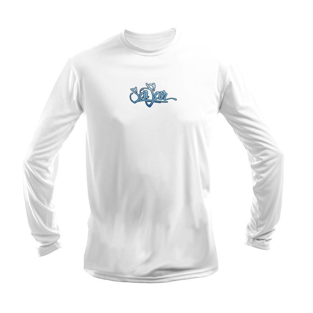 Sea Fear white long sleeve performance tee with blue logo, featuring moisture-wicking fabric and UPF 50+ protection.