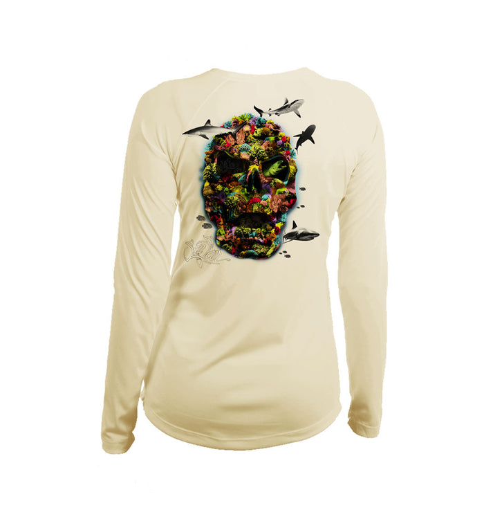 Color Coral Skull Long Sleeve V-Neck Performance Tee