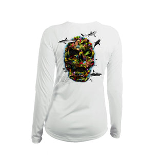 Color Coral Skull Long Sleeve V-Neck Performance Tee