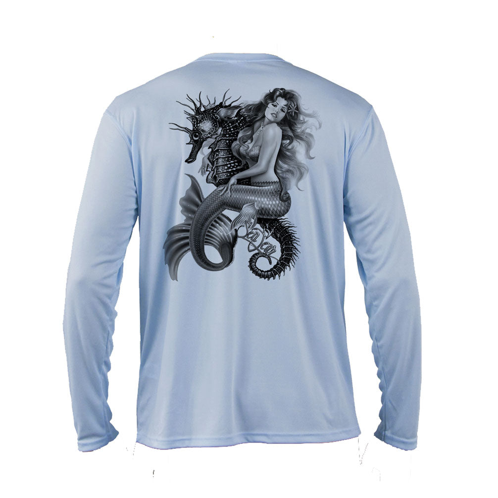 Mermaid Seahorse Long Sleeve Performance Tee in Arctic Blue – Sea Fear UPF 50+ apparel