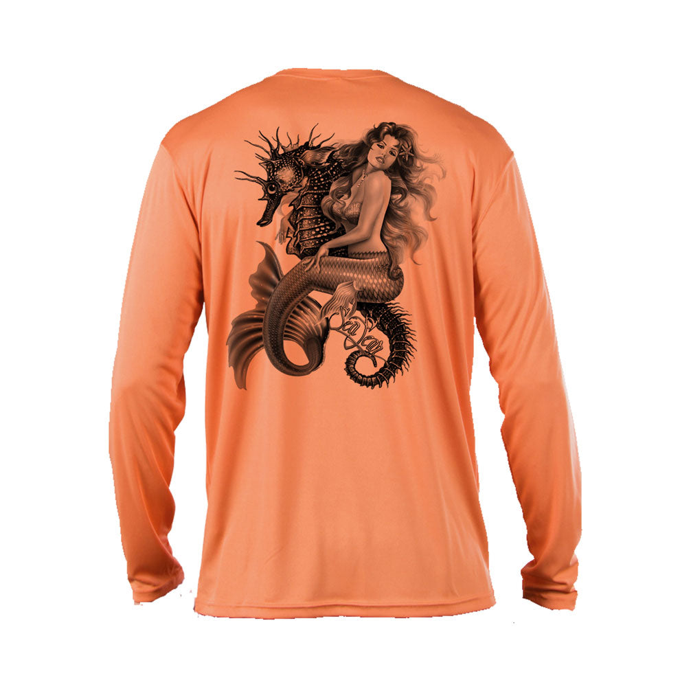 Mermaid Seahorse Long Sleeve Performance Tee in Citrus – Sea Fear UPF 50+ apparel