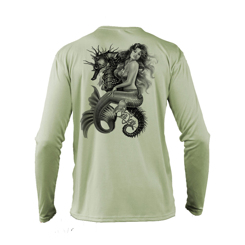Mermaid Seahorse Long Sleeve Performance Tee in Sage – Sea Fear UPF 50+ apparel