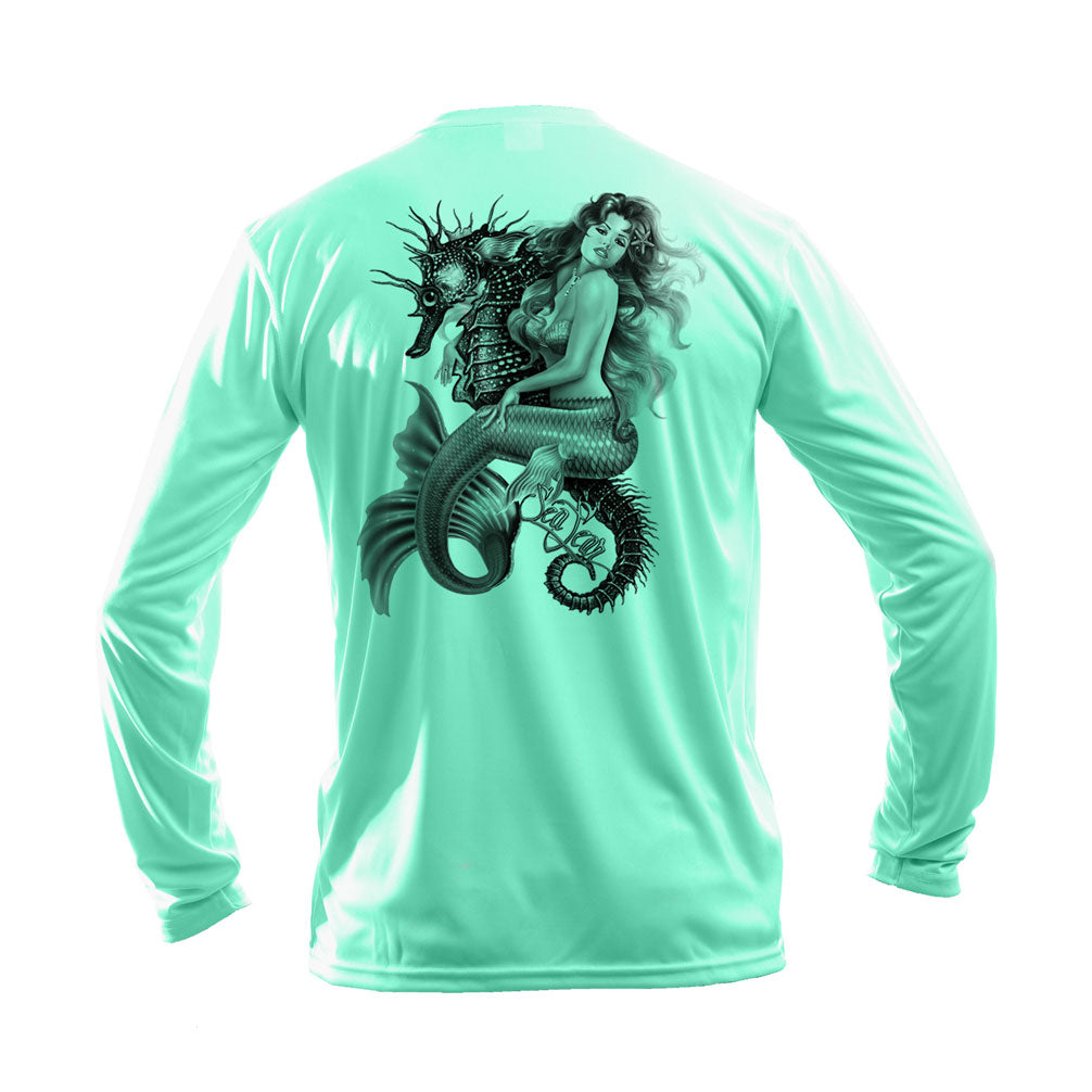 Mermaid Seahorse Long Sleeve Performance Tee in Sea Grass – Sea Fear UPF 50+ apparel