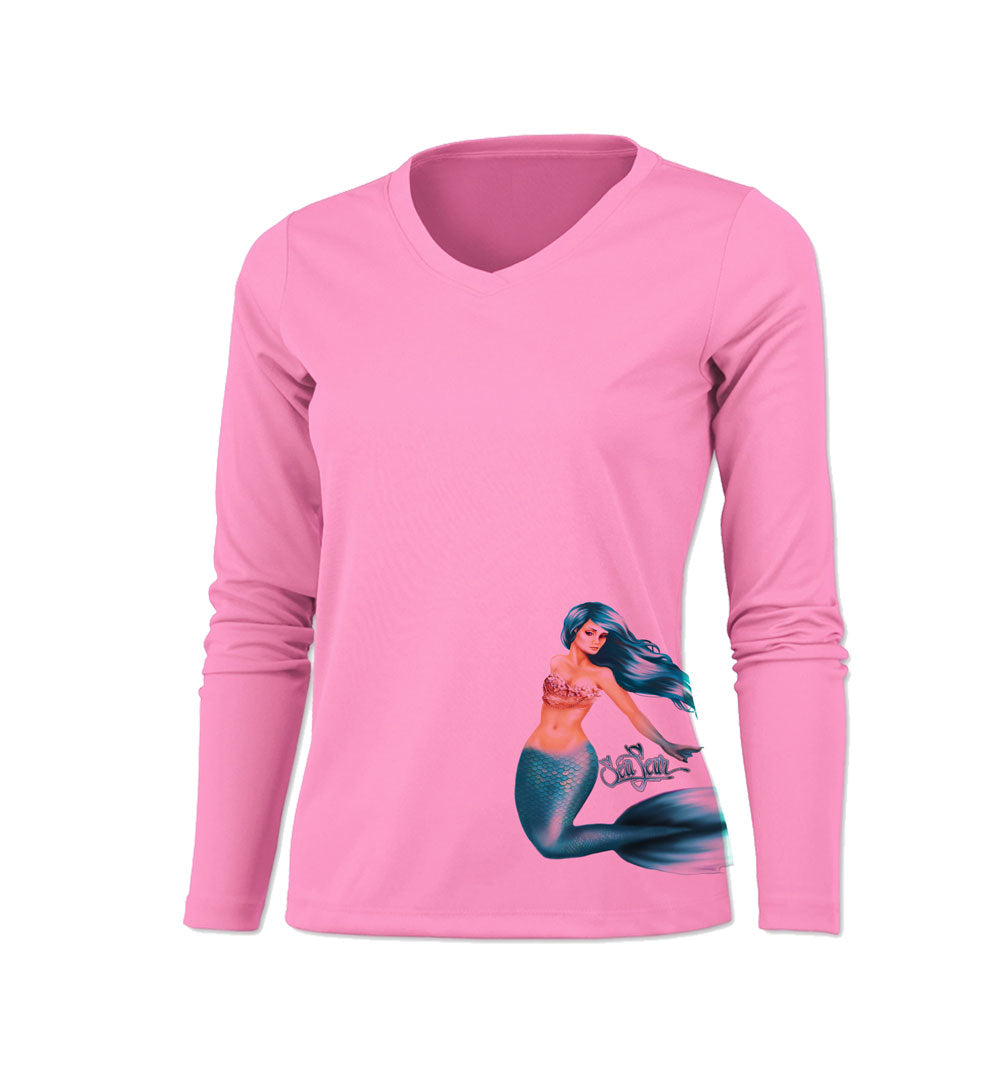 Mermaid Side Print Long Sleeve V-Neck Performance Tee