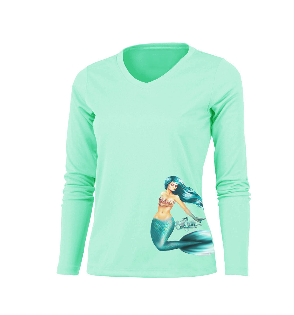 Mermaid Side Print Long Sleeve V-Neck Performance Tee