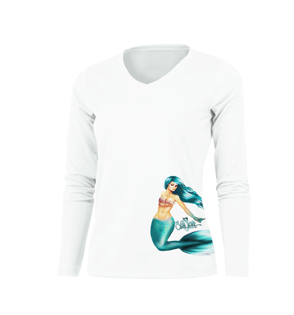 Mermaid Side Print Long Sleeve V-Neck Performance Tee