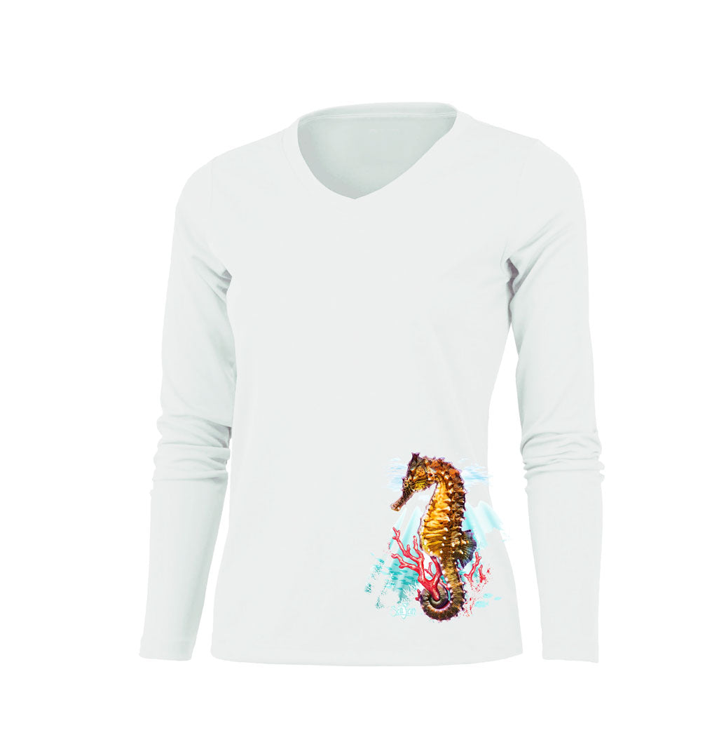 Seahorse Reef (Color) Long Sleeve V-Neck Performance Tee