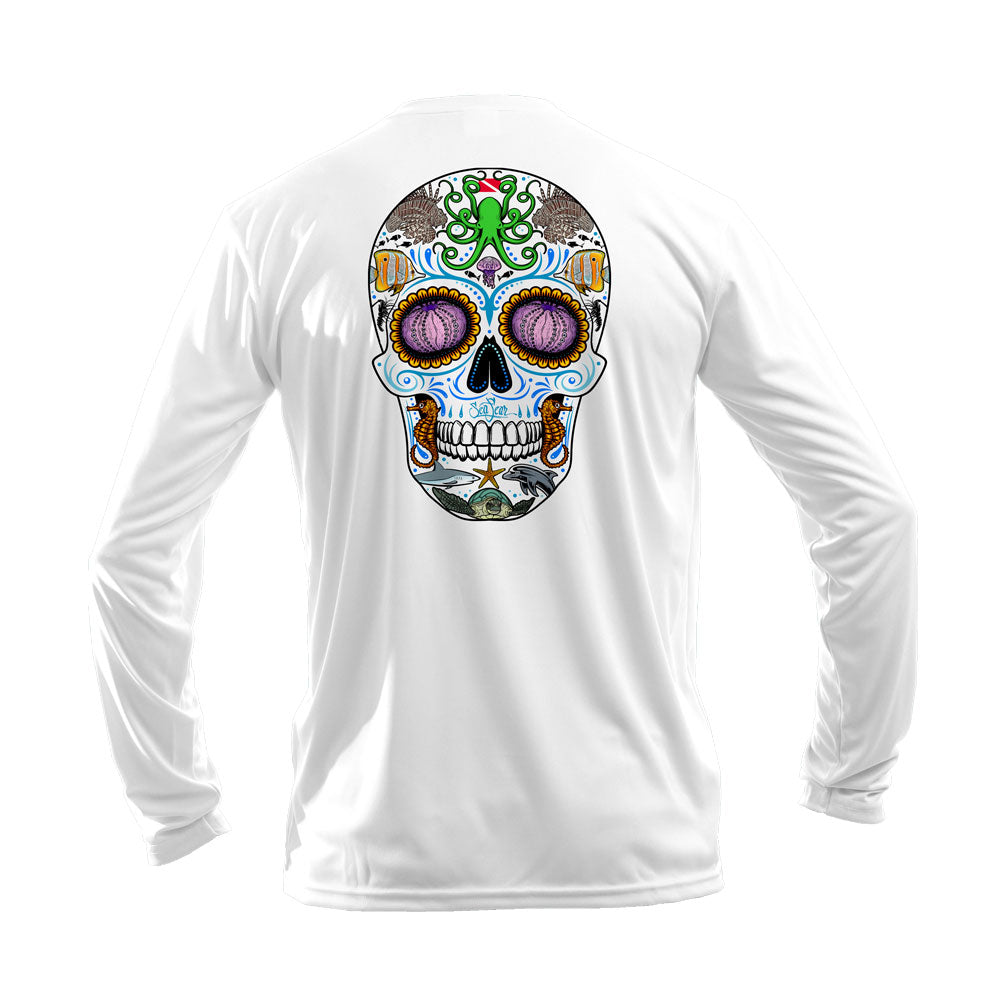 Sugar Skull Long Sleeve Performance Tee in White – Sea Fear UPF 50+ apparel