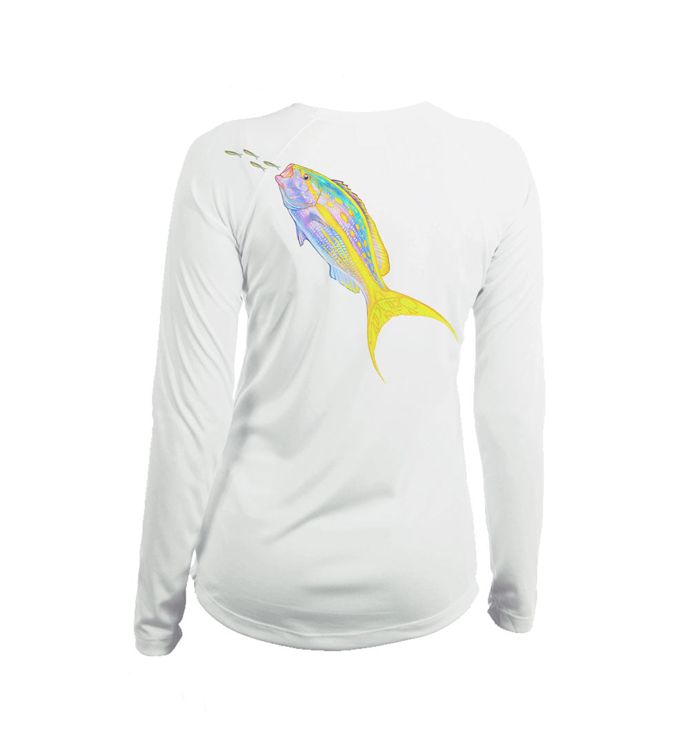 Yellowtail Long Sleeve V-Neck Performance Tee in White – Sea Fear UPF 50+ apparel